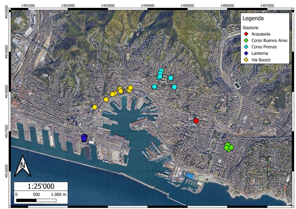 Figura 1. Mappa con la collocazione degli esemplari di alberi e arbusti campionati nella prima parte della ricerca per la loro prossimità o distanza dall’area portuale, in riferimento alle centraline di rilevamento della qualità dell’aria.